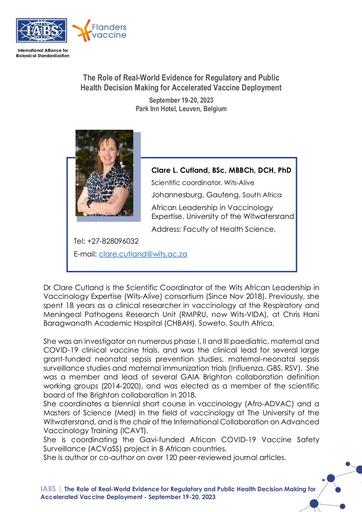 Clare Cutland - Biosketch IABS/Flanders Vaccine Real World Evidence Meeting  - September 19-20,  2023