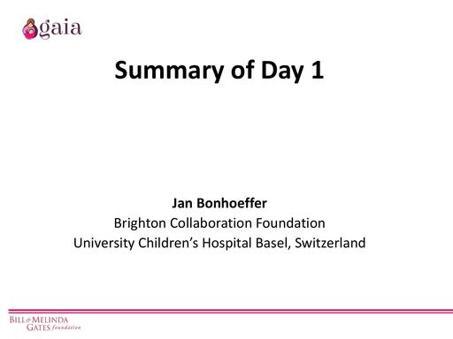 Summary of Day 1 Dr Jan Bonhoeffer