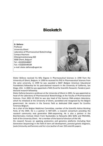 Biosketch   Dieter Deforce