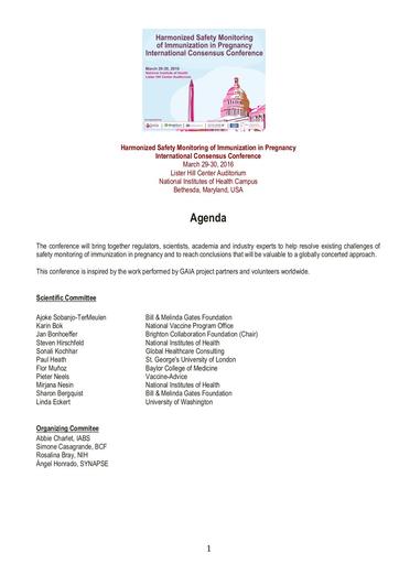 Agenda Harmonized Safety Monitoring of Immunization in Pregnancy International Consensus Conference